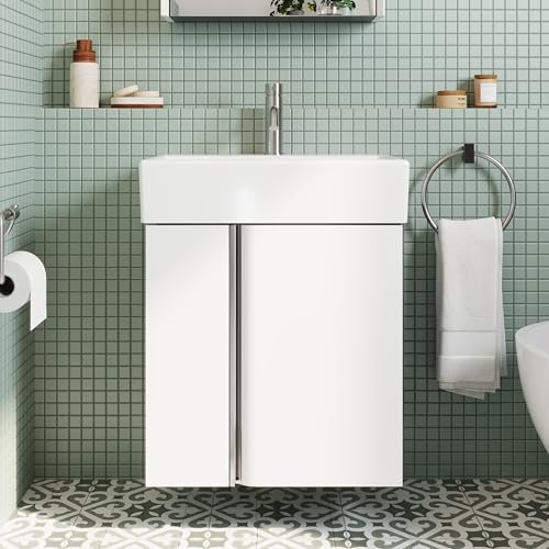 BRIDGE BENO Armario de baño de pared de 50 cm con lavabo de cerámica - Compacto para espacios pequeños (blanco mate)
