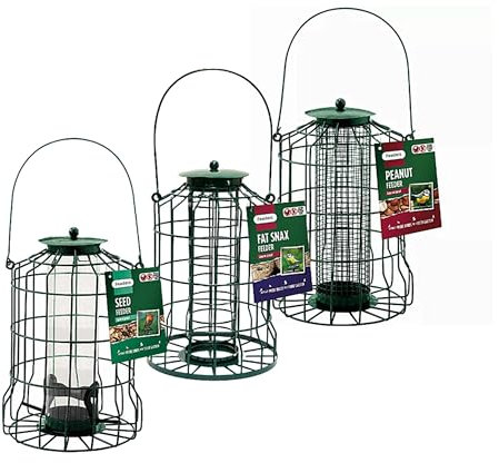 Squirrel Proof Bird Feeders Bundle - 3 x Bird Food Green Plastic Wire Cage for Fat Balls, Peanuts & Seeds Bird Feeders for Wild Birds - Easy Clean Hanging Bird Feeder for Small Garden Birds
