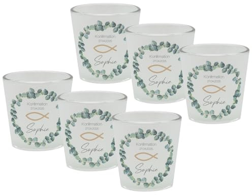 Windlicht Banderole Eukalyptus Fisch Gold Kommunion Konfirmation Tischdeko PERSONALISIERT 7,5cm H, Menge:6 Stück