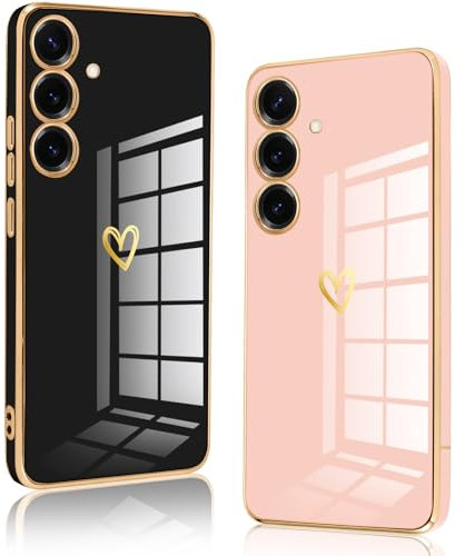 Vauki 2 Packs Coque pour Samsung Galaxy A05s, Ultra Fine Souple TPU Silicone Antichoc Housse Étui de Téléphone avec Motif Coeur et Bordure Dorée Case Protection pour Fille, Noir et Rose
