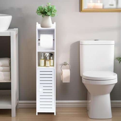 powerking Soporte para rollo de papel higiénico para espacios pequeños, almacenamiento de inodoro blanco para armario de baño con puertas y estantes, gabinete de exhibición delgado de pie