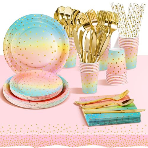 AIPartywar Rainbow Gold 226-Piece Kids Birthday Party Supplies - 25 Guests