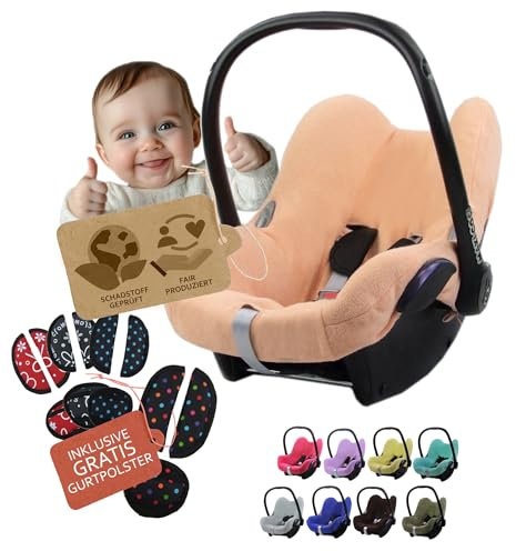 Frottee Sommerbezug [Schonbezug für Babyschale] Autositz kompatibel mit Maxi Cosi Cabrio Fix + GRATIS Gurtpolster (apricot + GP)