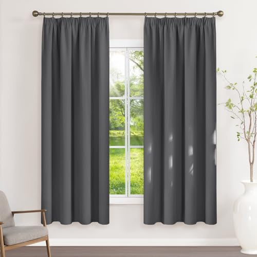 Runyéla Vorhänge Blickdicht mit Kräuselband Thermovorhänge Kälteschutz | 175Hx140Bcm,Dunkelgrau,2er Set,Verdunkelungsvorhänge für Schienensystem,Gardinen für Wohnzimmer,Blackout Curtain