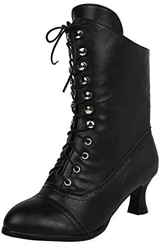 Lace Up Ankle Boots For Women Gothic Lace-Up Boots Retro Mid-Calf British Shoes Leather Low-Heel Boot Steampunk Western Pointed Toe Shoes Block Heel Victorian Bootie With Heel