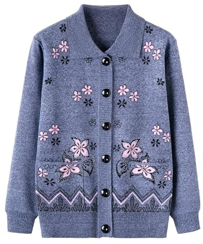 Générique Cardigan avec Poches pour Femme Pull Épais et Chaud pour Femme D'Âge Moyen Costume De Vieille Dame Tricot Brodé pour Personne Âgée Col Ras du Cou Manches Longues Cadeaux pour Vieille Dame