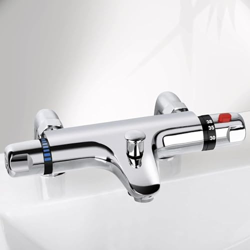 Thermostatic Bath Shower Mixer Tap Deck Mounted Thermostatic Bath Taps with Bathtub Filler Spout Solid Brass Thermostatic Bathtub Shower Mixer Bar Valve,Chrome