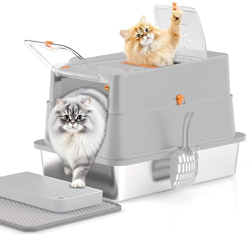 APPKER Katzentoilette aus Edelstahl, XXL geschlossene Katzentoilette mit Deckel, leicht zu reinigen, hochseitiges Metall-Kitty, mit Einstieg Oben, Schaufel, Matte, Bürste & Fußpedal-Grau