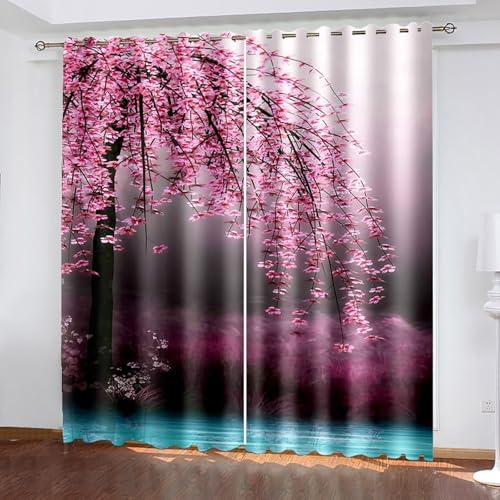 Wycian Gardine mit Kräuselband Modern Gardinen Schwarz Rosa Blau 2 Er Polyester See und Kirschbaum H274 X B244Cm für Schlafzimmer