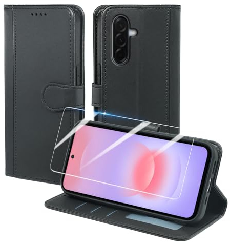 Pollachi Funda para Samsung Galaxy A37 5G con 1 Templado Protectora(3 Cartas) Cover Cuero PU Magnética Estuche para Samsung Galaxy A37 5G Funda,Botón Pequeño Redondo Soporte Plegable-Negro