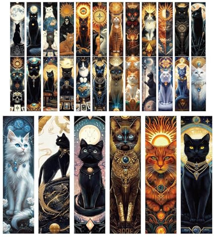 YIMINGOUFEI Tarot-Katzen-Lesezeichen, 30er Set, Rückseite Beschreibbar | 15 x 4 cm mit mystischen Sternsymbolen für Lehrer, Studierende und Buchfans