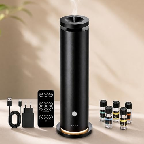 Wasserloser Aroma Diffuser Starter-Kit mit 5 Ätherischen Ölen, Diffuser für Ätherische Öle 150 m² Raumabdeckung, 6 Intensitätsstufen, Fernbedienung, Timer, 20 dB, Duft Diffuser Schwarz