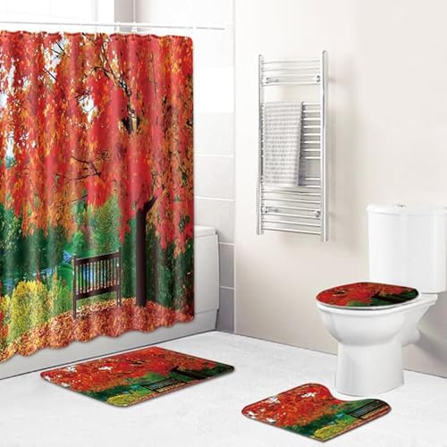Badgarnitur 4 Teilig Badezimmerteppich Waschbar Badematte rutschfest,Wc Vorleger Mit Ausschnitt Badematte Und Duschvorhang,Badvorleger Toilette Teppich 45X75Cm Landschaft