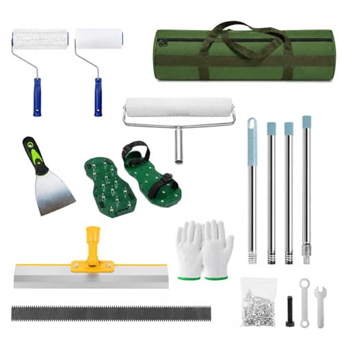 Bodenbeschichtung Entlüftungsroller Set, Epoxidharz Bodenbeschichtung Tool | mit Doppelte Entlüftungsrollen, Rakel, Stachelschuhe, Teleskopstiel, Stachel , Rasenlocher, Handschuhe & Aufbewahrungstasche
