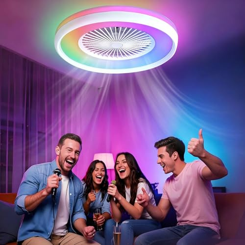 ZOMLBOF 48cm Quiet Fan with 6 Speeds,Alexa Compatible Google Assistant,Reversible,Timer RGB Ceiling Fan Light, Dimmable Smart White Fan Lamp with Memory,APP and Remote,for Bedrooms,Studies Game Rooms