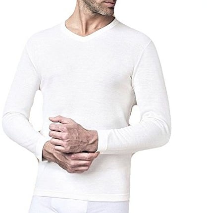 Nottingham Confezione 2 Pezzi Canottiera Manica Lunga Scollo A V Uomo Lana E Cotone - Colore Bianco -Lana Fuori e Cotone sulla Pelle. Contenuto di Lana al 50%