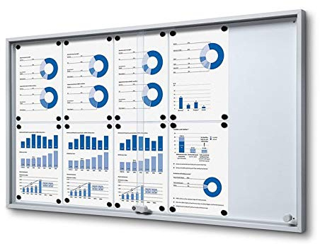 Schaukasten Schiebetür 10x A4 Innen | ESG Sicherheitsglas, B1 Brandschutz | elegante SLIM-Profile silber, magnetische Rückwand, abschließbar | für Büro und Behörde, Wand-Montage, Schiebetüren