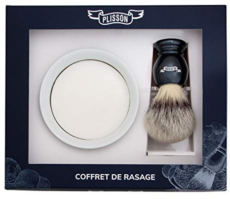 Plisson Coffret Rasage Blaireau Gris Nacré en Fibre Blanche Taille 12 Support Bol Savon