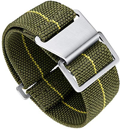 BINLUN Nylon Uhrenarmband Elastic Marinetaucher Fabric Nylon-Armbänder Stoff Militär Ersatz-armband Uhr Hakenverschluss Damen&Herren 18/20/22mm(Grün-Gelb,Silberne Schnalle,22mm)