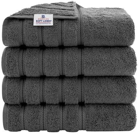 American Soft Linen Luxury 4 Piece Bath Towel Set, 600 GSM 100% Cotton Turkish Bath Towels for Bathroom, 27x54 in Large Bathroom Shower Towels, Dark Gray