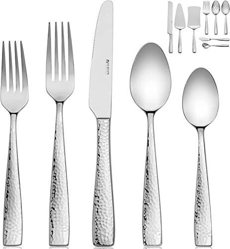 Hudson Essentials 68-teiliges Besteckset aus gehämmertem Edelstahl 18/10 Besteckset mit Servierset und Kuchenmesser, Besteckservice für 12 Personen
