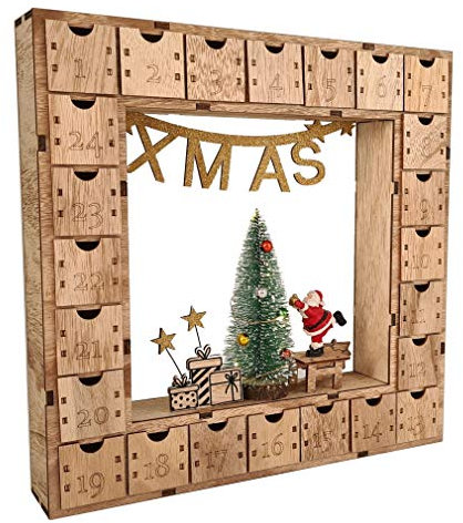 Wichtelstube-Kollektion Adventskalender Weihnachtsbaum Holz zum befüllen, wiederverwendbar, LED Beleuchtung ca. 35cm Weihnachtskalender mit Schubladen zum selbstbefüllen