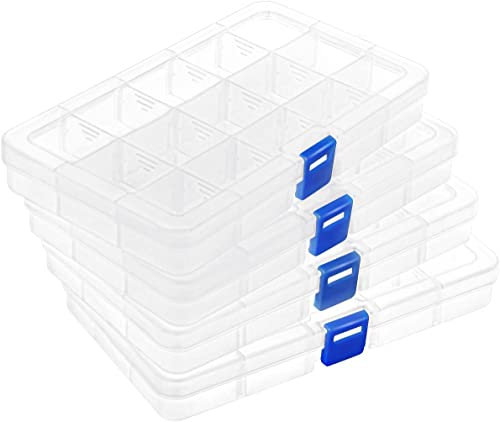 DIFIT 15 Grids Clear Plastic Storage Containers with Lids Adjustable Dividers Small Tool Box Fishing Tackle Box Jewelry Organizer for Organizer Earring Beads Tackle, Set of 4