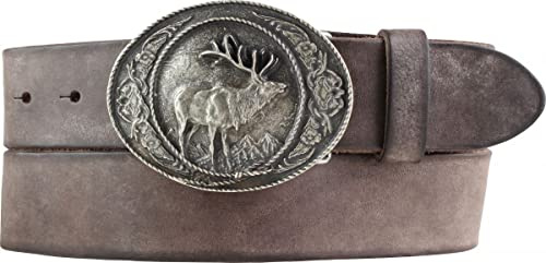 BELTINGER Jagd-Gürtel mit Hirsch-Gürtelschnalle aus weichem Vollrindleder 4 cm Used-Look | Druckknopf-Gürtel mfür Jäger 40mm | Vintage-Look
