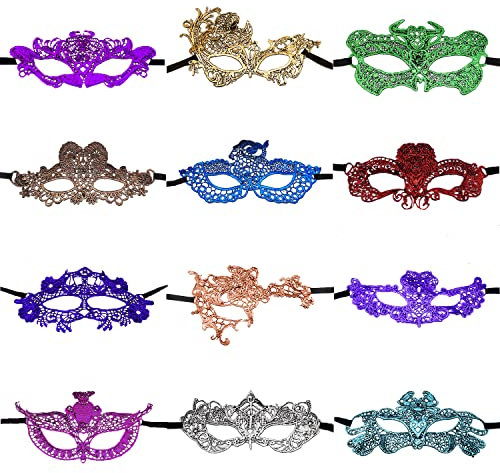 CNYMANY 12 Stück Konstellationen Spitzenmasken Frauen Sexy Augenmaske für Ballparty Venezianisch Maskerade Kostüm - 12 Farben