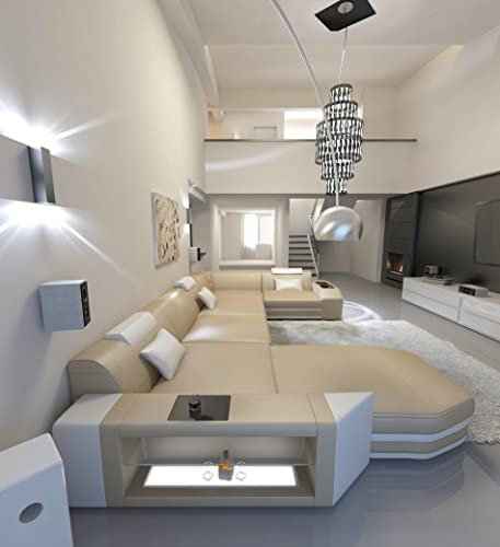 Wohnlandschaft Presto Ledersofa U Form Sofa - mit LED Beleuchtung, verstellbare Kopfstützen, Recamiere/Lederfarben wählbar/Ausrichtung wählbar (Ottomane Links, Sandbeige-Weiß)