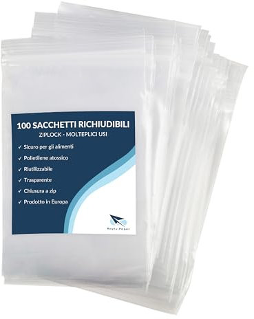 Raylu Paper – Sachets à Fermeture Automatique, 100 Unités Sac Refermable Zip, Transparent, Réutilisables, Usages Multiples, Fabriqués en Europe (10 x 18 cm)