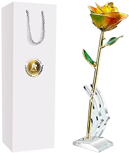 AliveRose Für Ehefrau, 24 Karat Goldrose, aus echter Rose, einzigartiges Design, 24 Karat getauchte Rose, für Valentinstag, Muttertag, Geburtstag, Geschenke (Regenbogenrose mit Ständer)