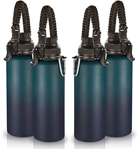 Volhoply Insulated Water Bottles Bulk 4 Pack,1200ml Stainless Steel Sports Bottle with Paracord Handle & Spout Lid,Double Wall Water Cups with Wide Mouth,Reusable Large Water Cup(Dark Night,4 Set)
