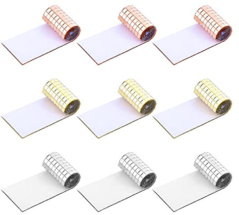 Navaris Set Mosaicos Espejo Autoadhesivos - 9x Rollos de Azulejos Adhesivos de 5 x 5 mm - Bronce, Oro y Plata - Para Bricolaje, Manualidades, DIY
