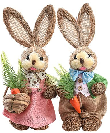 RAZURE Set di 2 statuette di coniglietto pasquale in piedi, graziose statue rustiche in paglia intrecciata, decorazione da scrivania per Pasqua, casa, ufficio, vacanze (34,3 cm)