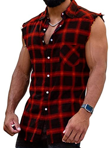 Herren Checkshirt Sleeveless Hemd Kariert Ärmellose Hemden Regular fit Flanellhemd Männer Sommer Baumwollhemd T-Shirt Tank Tops Freizeithemd