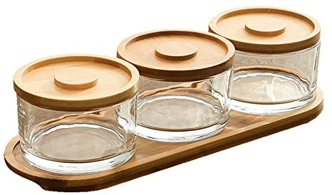 KVMORZE Chip and Dip Serving Set with Bamboo Tray, Snack Candy Fruit Nut Serving Platter, Small Glass Dipping Serving Bowls with Lids for Condiments, Side Dishes, Pre, Dessert, Salsa (3 Slots)