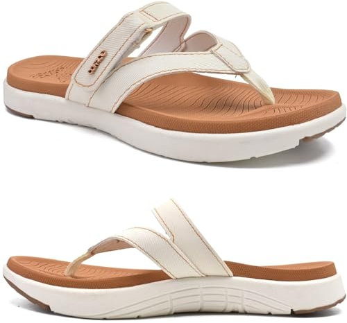 COFACE Chanclas Mujer Moda Ortopedicas Comodas Cuero Tela Elegantes Sandalias de Dedo Señora Piel Verano Playa Piscina Flip Flop Ligera Abierta Chancletas Pala Antideslizante Goma Suela Blanco Kaki 40
