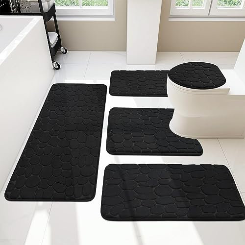 YIHOUSE Badezimmerteppich-Set, 5-teilig, schwarz, Memory-Schaum, Badematten-Set, rutschfest, wasserabsorbierend, waschbar, Badteppiche für Waschbecken, Toilette und Boden