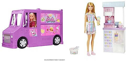 Bundle aus Barbie Food Truck Vehicle Playset mit 30+ Zubehör, + Barbie You Can Be Anything Series, Ice Cream Parlour, 1 x Barbie Puppe mit blonden Haaren, Spielzeug ab 3 Jahren