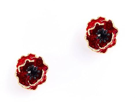 Bill Skinner - Gold Poppy Earrings, Nature Inspired, Cottage-core Wear, Enamel Flower Earrings with Silk Pouch