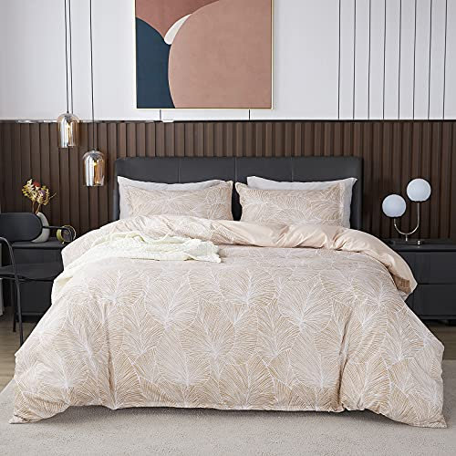 Jemiipee Blumen Bettwäsche-Set mit Tropische Palmblätter Muster, 2 x Bettbezüge 135x200 cm mit 2 x Kissenbezüge 80x80 cm und Reißverschluss, Weiche 100% Mikrofaser Bettwäsche Modern, Beige