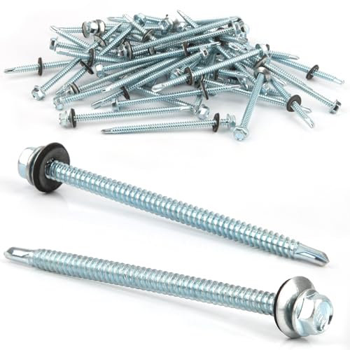 50 Pcs Vis Autoforeuse Metal 6,3 X 100 mm Vis Autoperforante Inox Bac Acier Toiture Vis Taraudeuses à Tôle Trapézoïdale Vis à Tête Hexagonale Avec Rondelle D'étanchéIté Vis à Tôle Galvanisées(Argenté)