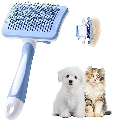 Vinabo Brosse Chat Chien,Brosse Chat Poil Long Brosse Auto-Nettoyage avec un Bouton pour Toilettage des Animaux de Compagnie-Bleu