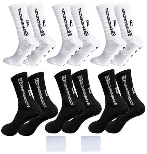 Grip Socken Fussball 6 Paare Football Socks, Fussballsocken Herren 39-46, Fußball Socken mit Grip für Damen Herren Kinder, Fussball Socken für Fussball Basketball Radfahren Klettern(Weiß/Schwarz)