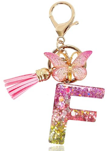 Yanmucy Porte-clés alphabet violet mignon avec pendentif papillon et pampille en résine pour sac à breloques nom porte-clés pour femme et fille, F, taille unique