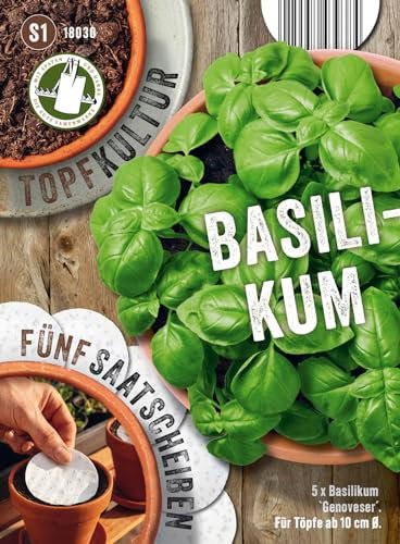Saatscheiben Basilikum `Genoveser´, 5 Stk, 8 cm Durchmesser, 10g, Anzucht Samen-Set auf der Fensterbank oder dem Balkon, oder Hochbeet, ganzjährig