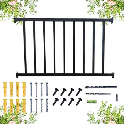 Metal Guard Rail Kit with Balusters 9 Railings,Black Decking Railings Porch Indoor Outdoor Hand Railing,3 7/8ft Wide