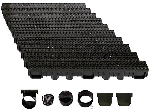 ScarMaxx - B125 Entwässerungsrinne Set - Bodenrinne - Regenwasser Ablauf - Abfluss mit Gitter - Drainagekanal Boden - Flach - Kunststoff - Bauhöhe 115 mm - Designrost Bienenwabe Schwarz - 10m