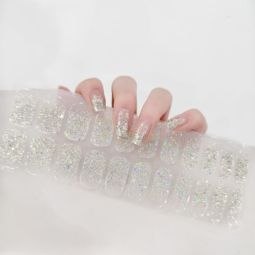 Ceboic 22PCS UV Gel Nagelfolien - Halbgehärtete UV Gel Strips - Selbstklebende Gel Nagellack Streifen - Langanhaltend Gel Nail Stickers French Gellack Wraps für Fingernägel & Fußnägel (Silber Glitzer)